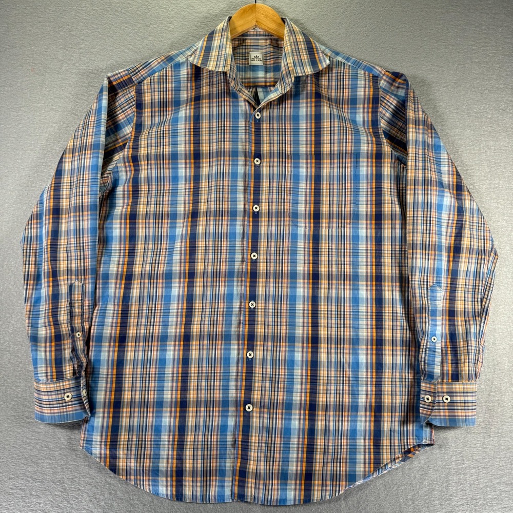 Peter Millar Button Up Shirt Mens Large Blue Plaid‎ Classic Comfort Casual Loud